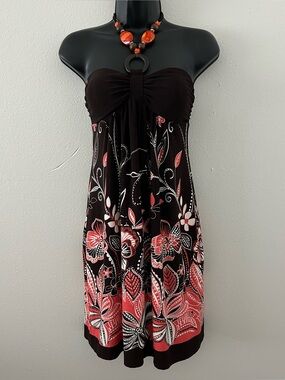 Vintage Y2K Sweet Storm Chunky Beaded Halter Brown Floral Babydoll Dress Size S